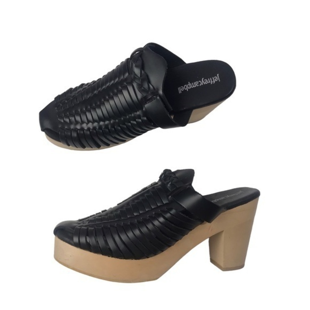 Jeffrey Campbell Black Braided Leather Platform Mules with Tan Block Heel